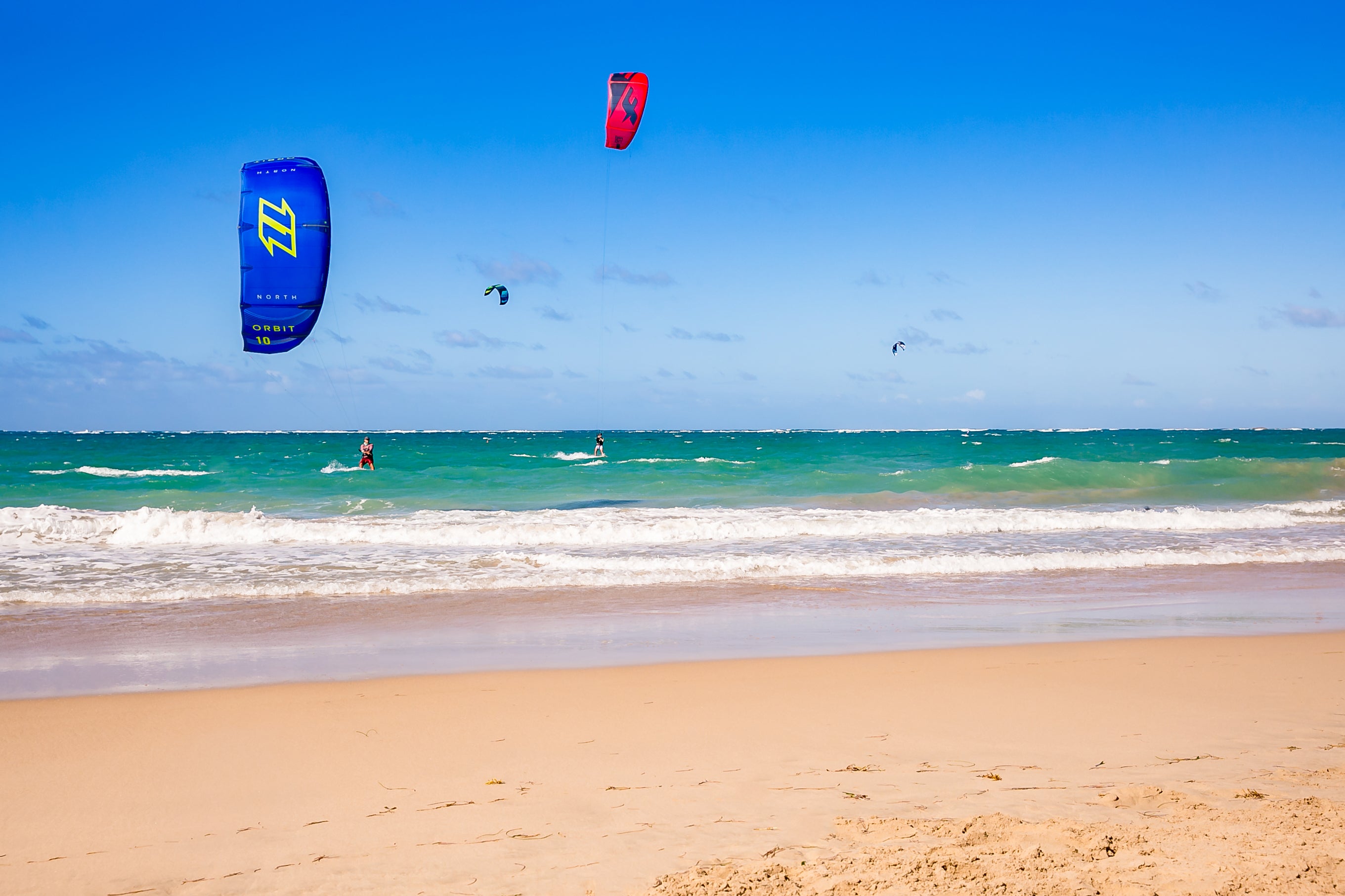 Two kiteboarders riding under blue and red kites off a Puerto Rico beach
